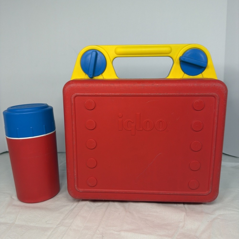 Vintage Igloo Lunch Box W Thermos Blue Red Yellow 1990's Retro Nostalgia